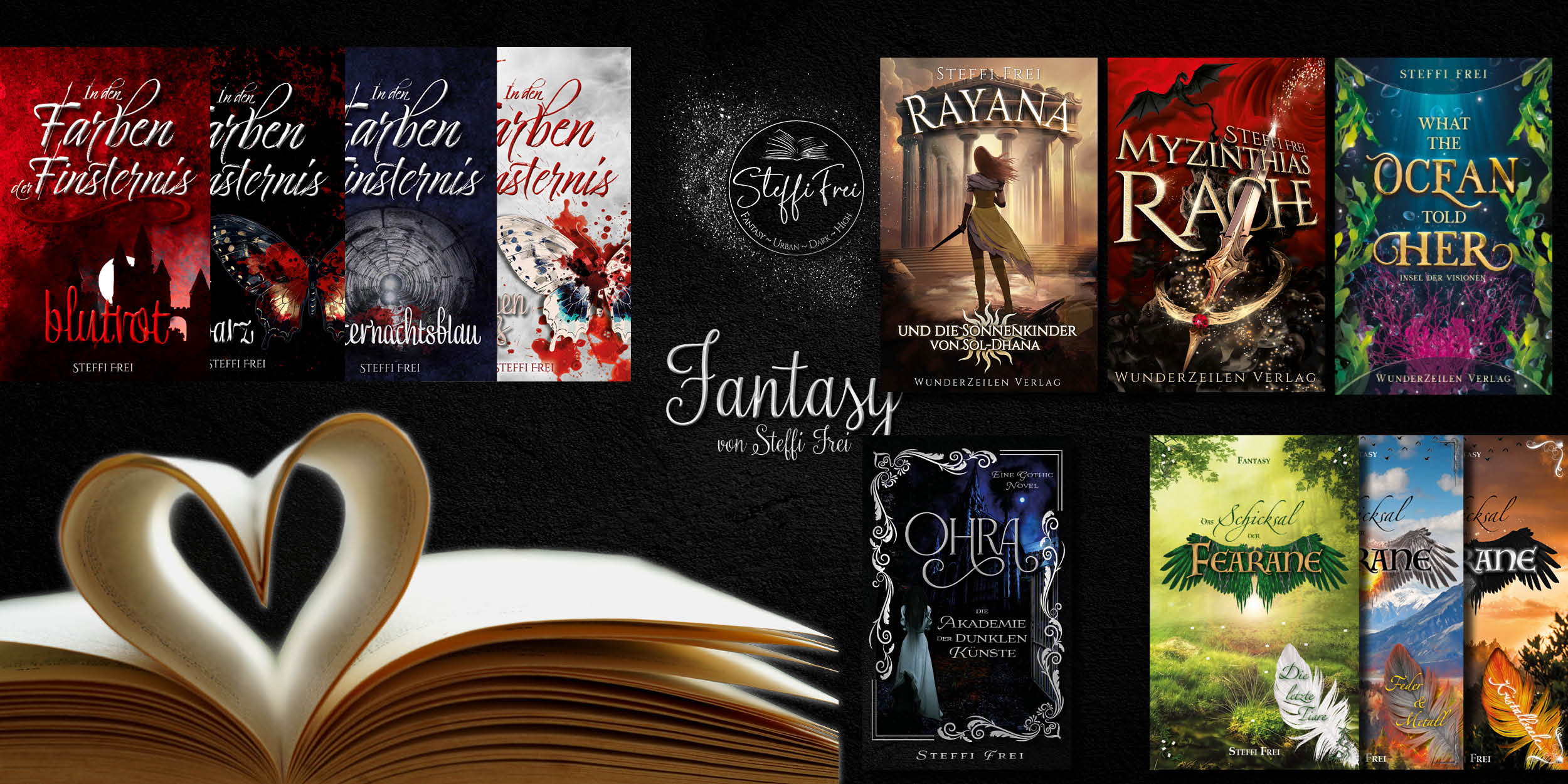 Alle Buchcover von Fantasyautorin Steffi Frei (insgesamt 11) auf schwarzem Hintergrund und mit dem Logo von Steffi Frei